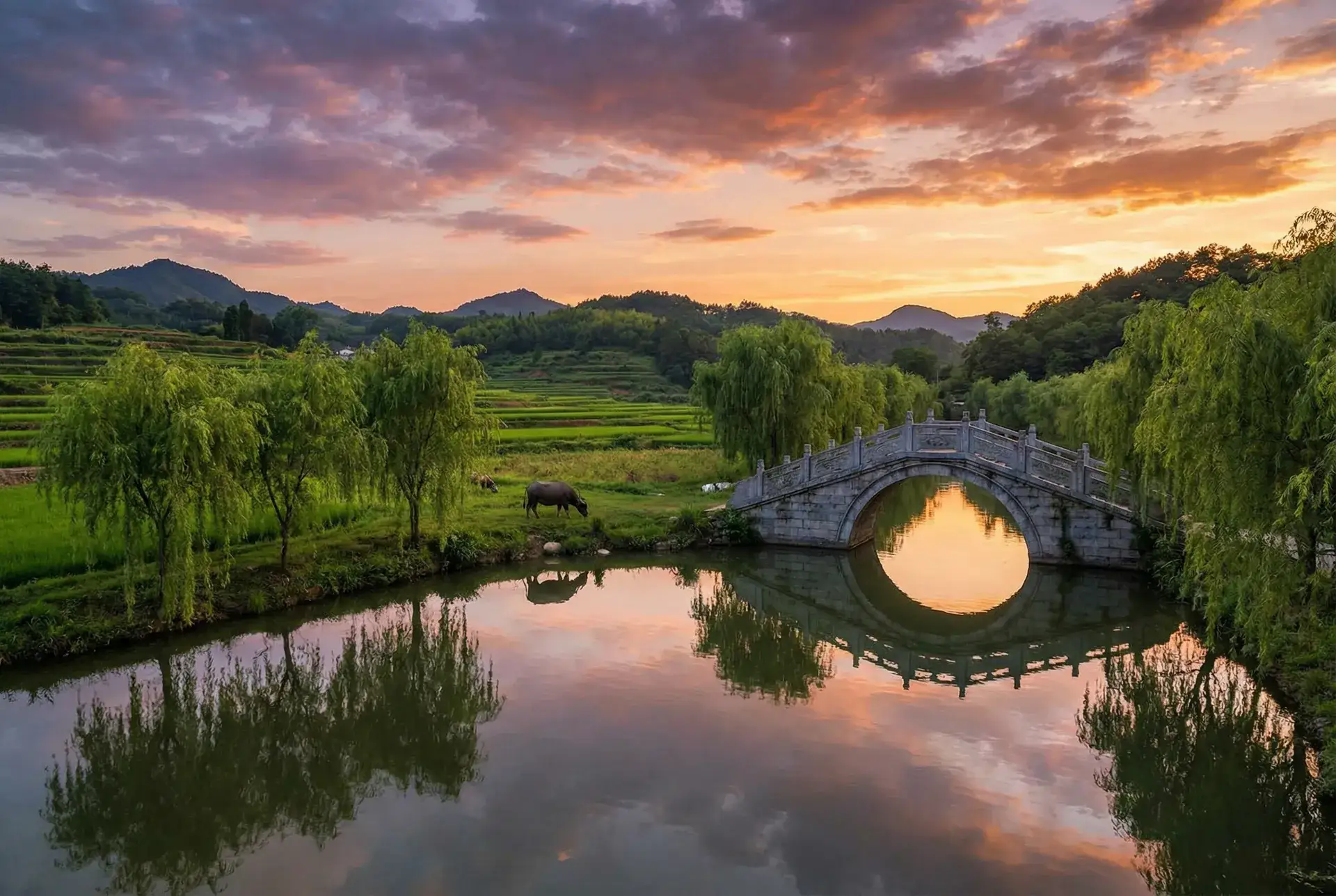 夕阳下的石拱桥与垂柳，水牛在河边吃草 - 夹得好湿真拔不出来了动态图 乡村美景
